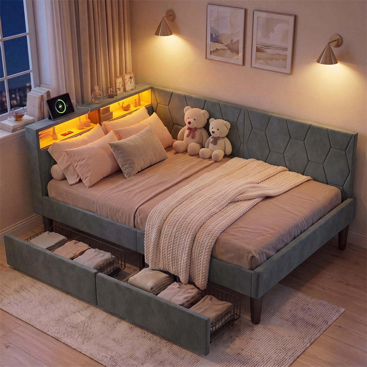 POLSTERBETT 90x200 cm mit Kopfteil-Stauraum - 2 Schubladen - USB Type-C & LED - ohne Matratze - Grau - Grau, Textil (90/200cm) - DELFA