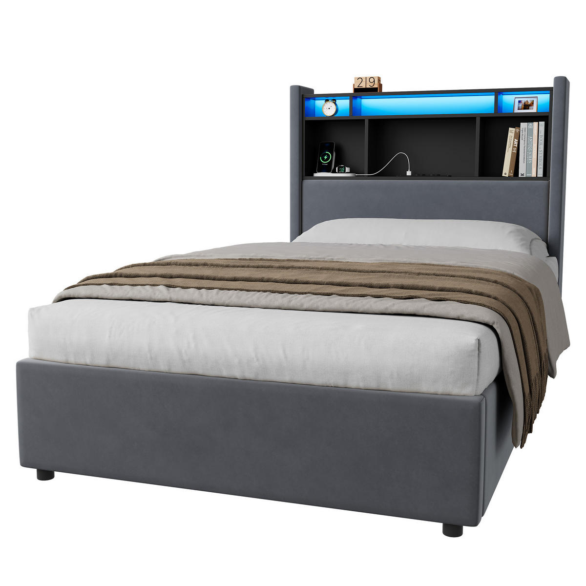POLSTERBETT 90/200 cm Dunkelgrau Samt mit LED & USB – Hydraulik - Dunkelgrau, Textil (90/200cm) - Flora Grace