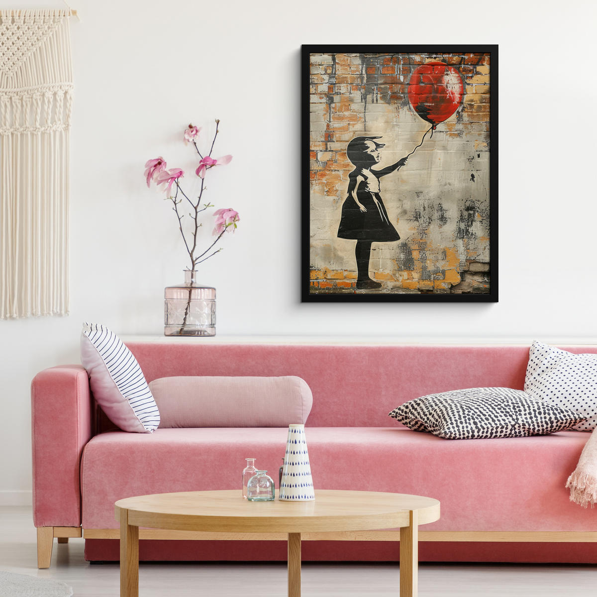 GERAHMTES BILD Graffiti - Banksy - Mädchen - Straßenkunst 60x80 cm - Sandfarben, Papier (60/80cm) - MuchoWow