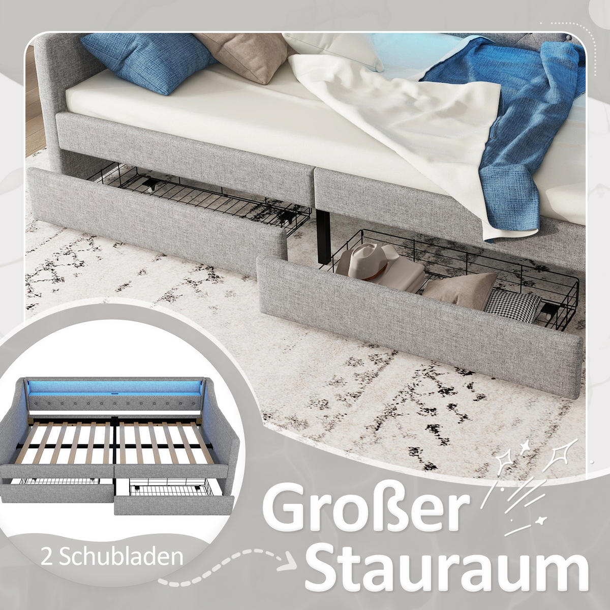 TAGEBETT 90x200cm Grau Leinen Ambientelicht 2 Schubladen USB - Grau, Holz (90/200cm) - FLIEKS