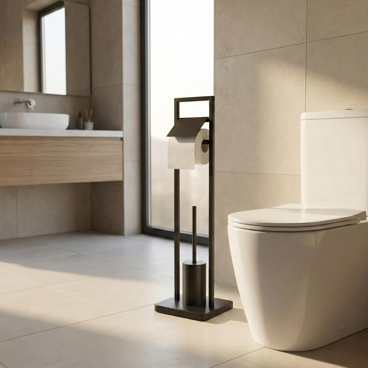 WC-BÜRSTE mit Halter für Toilettenpapier Arle 19/23/77 cm - Schwarz, Metall (23/77/19cm) - NUXIO