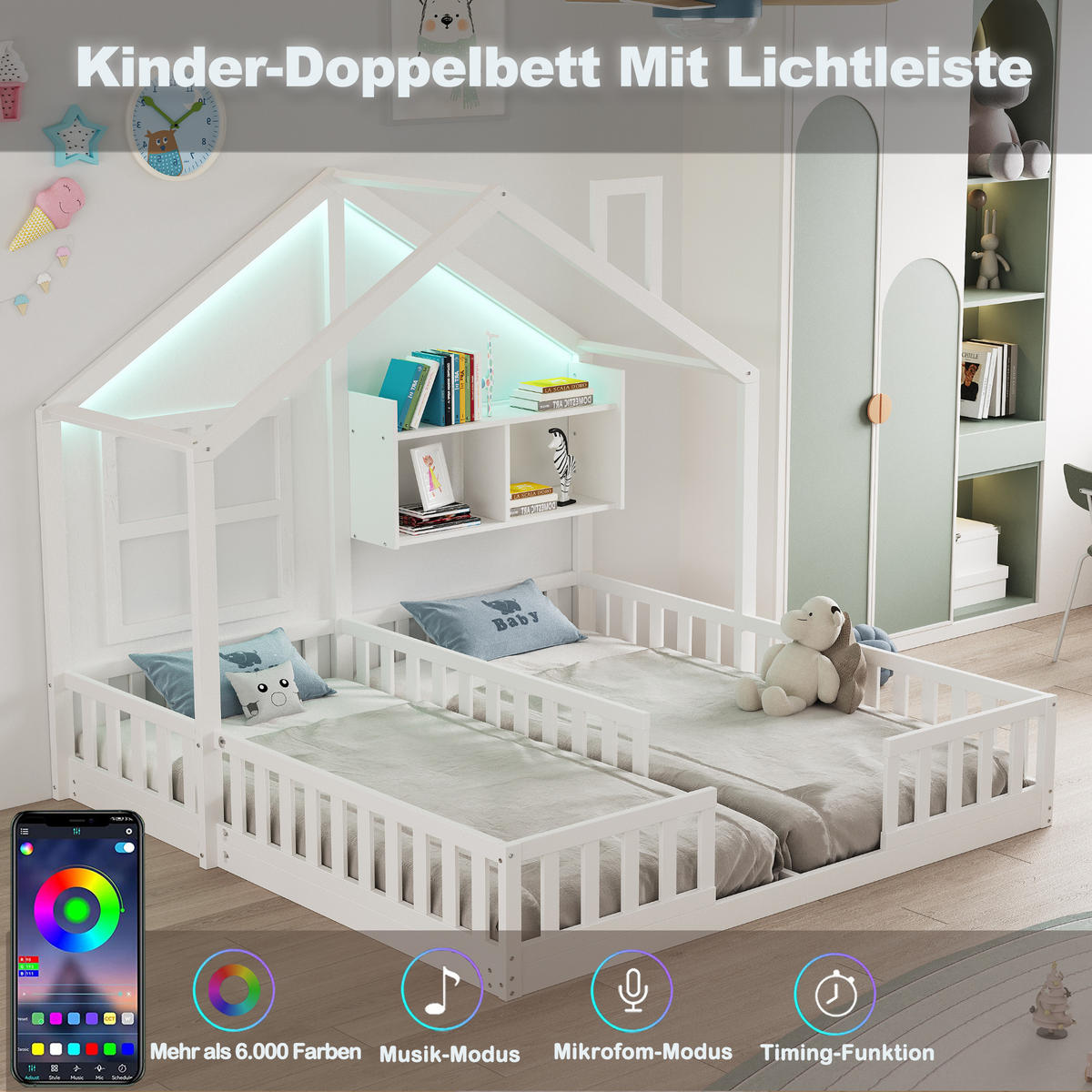 HAUSBETT Kinderbett 90x200cm Holz LED Sicherheitsgeländer Weiß - Weiß, Holz (90/200cm) - FLIEKS