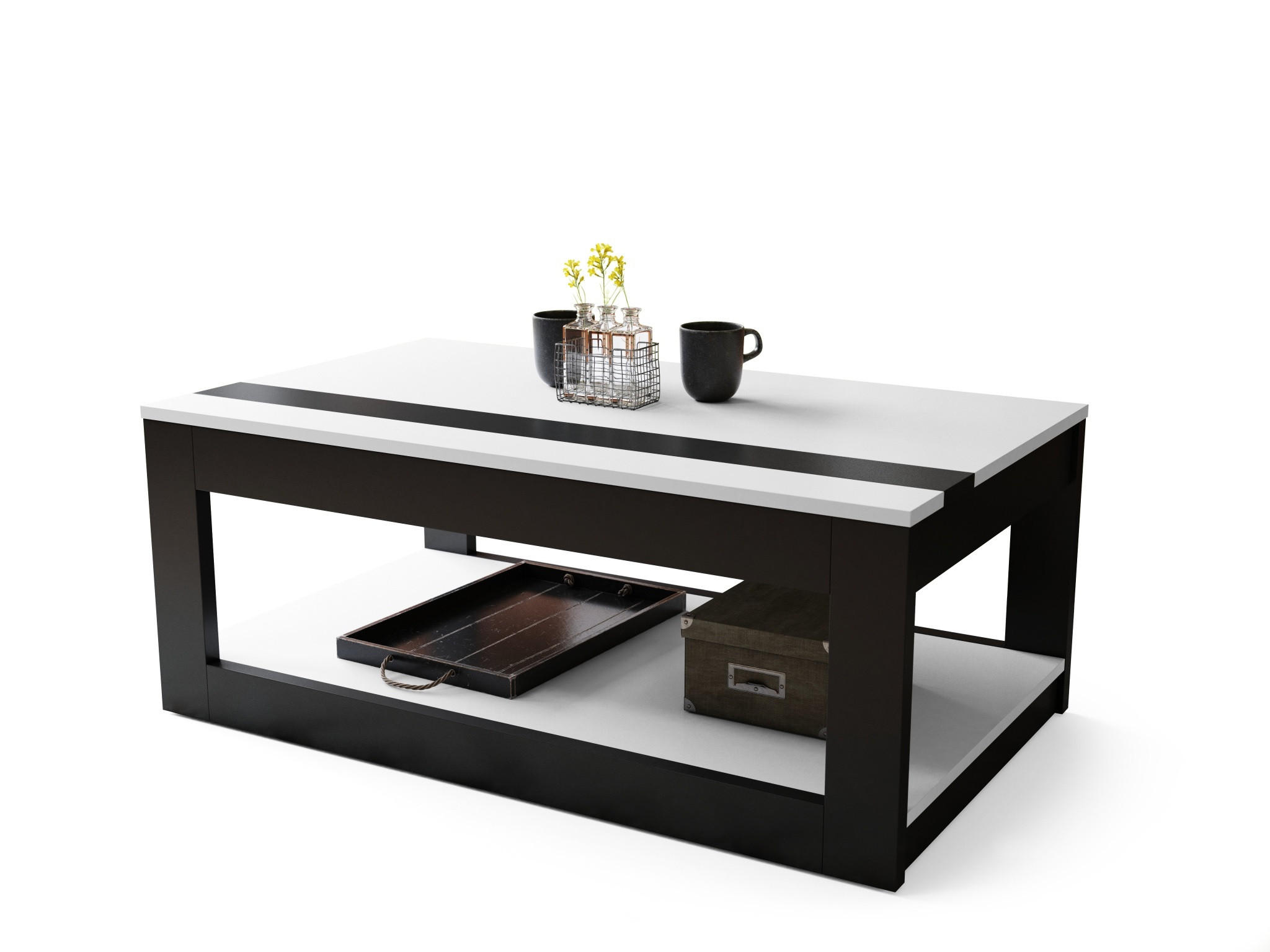 COUCHTISCH rechteckig Weiß Schwarz matt aufklappbar - Schwarz/Weiß, Holzwerkstoff (66/112/45cm) - designimpex