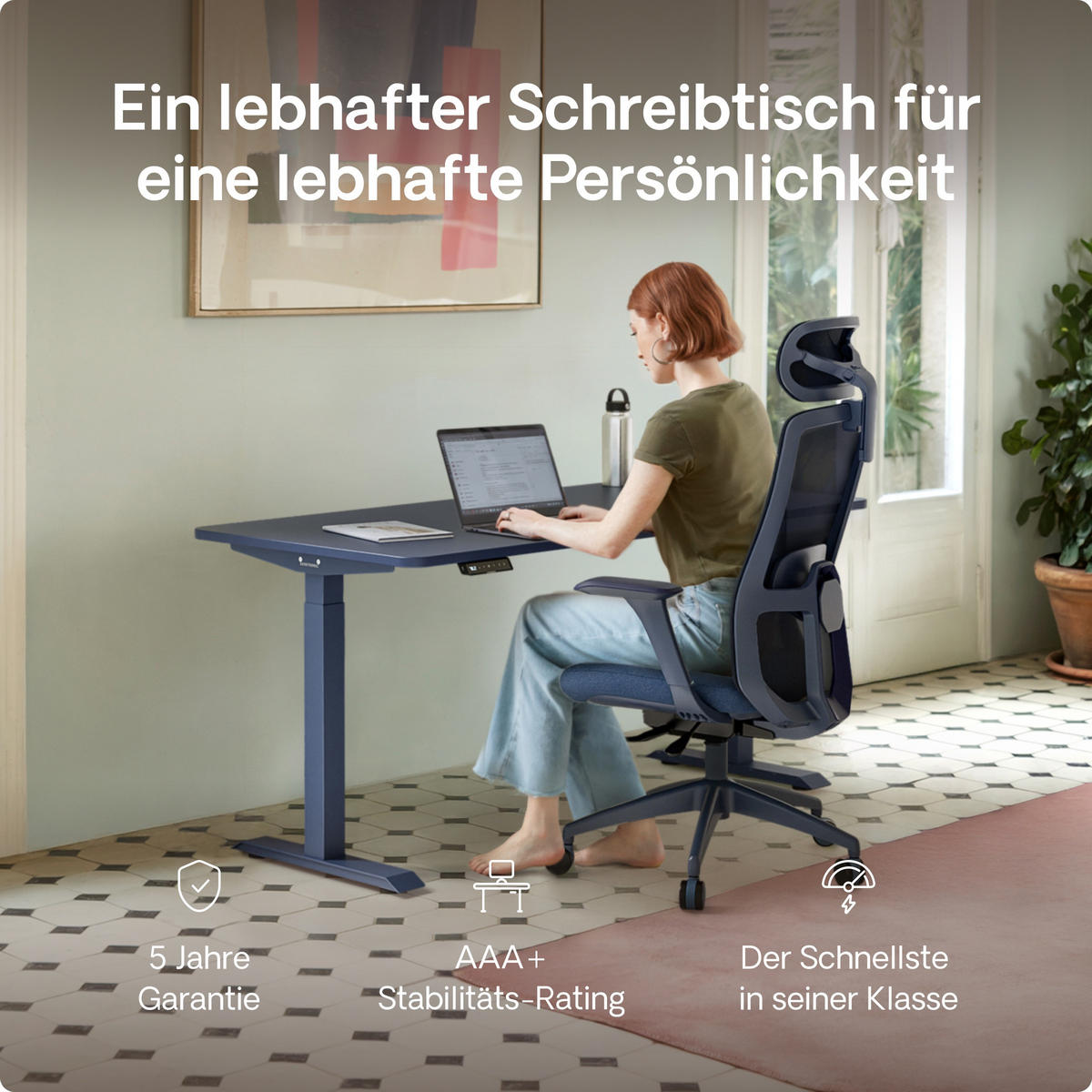 SCHREIBTISCH Elektrisch Höhenverstellbarer HomeOne 120x60cm Blau/Blau mit Memory-Funktion, Anti-Kollisions Technologie - Blau, Holzwerkstoff (60/120/72cm) - Desktronic