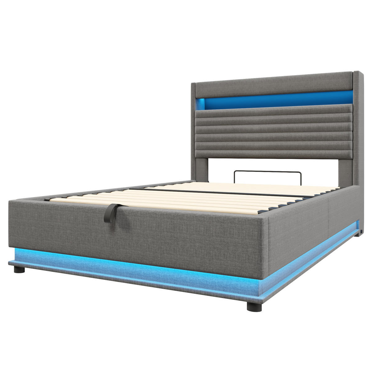 POLSTERBETT 140/200 cm aus Leinen mit LED, USB-C und Stauraum Grau - Flieder, Textil (140/200cm) - Modenvie