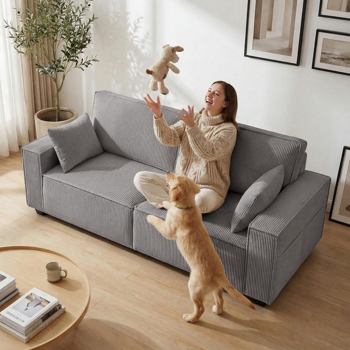 3-SITZER-SOFA DE-06577 modernes Cord-Sofa mit Taschenfeder-Polsterung Hellgrau - Hellgrau, Holz/Textil (79/91/218cm) - ComfortXL
