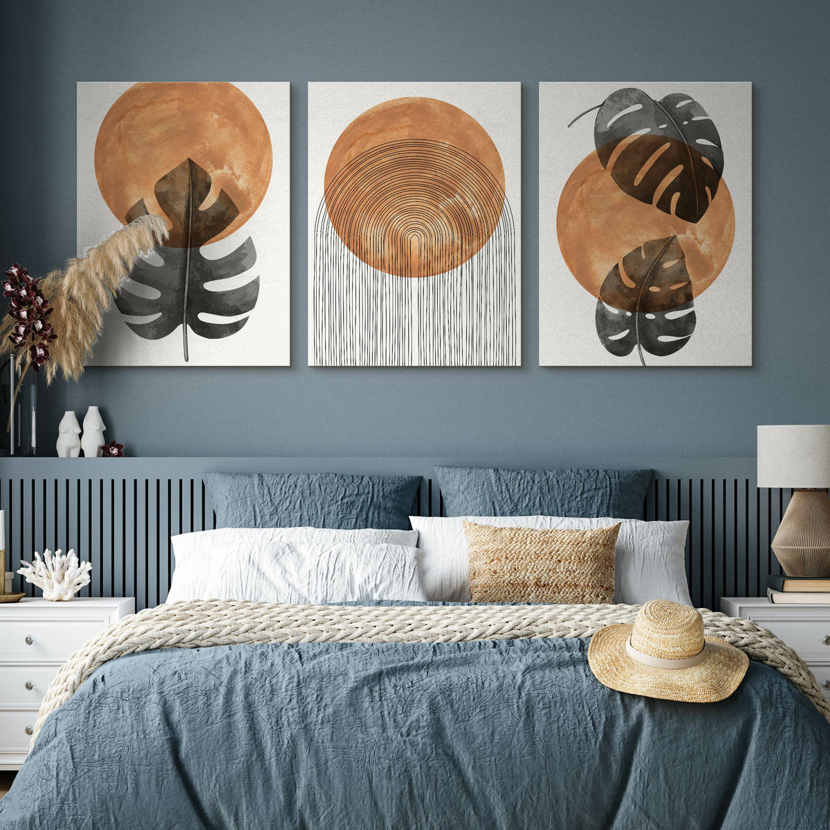 LEINWANDBILDER 3-es Set Blätter Kreise - Schwarz/Weiß, Textil (90/40cm) - Muralo