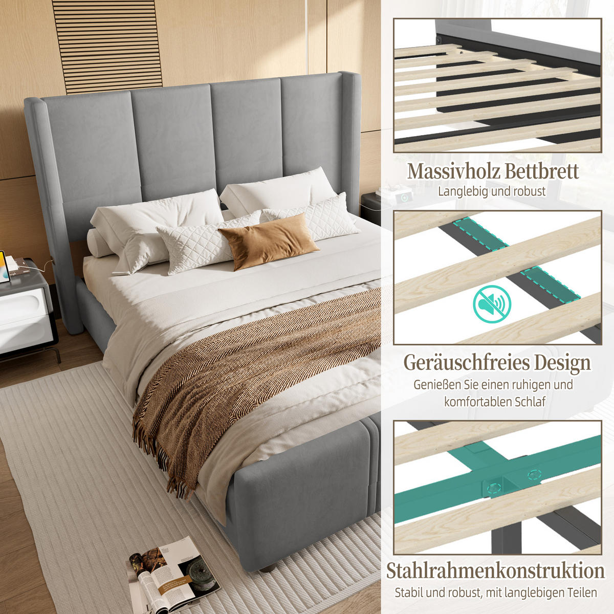 POLSTERBETT 140x190 cm USB grau - Dunkelgrau, Textil (140/190cm) - LEBENLANG