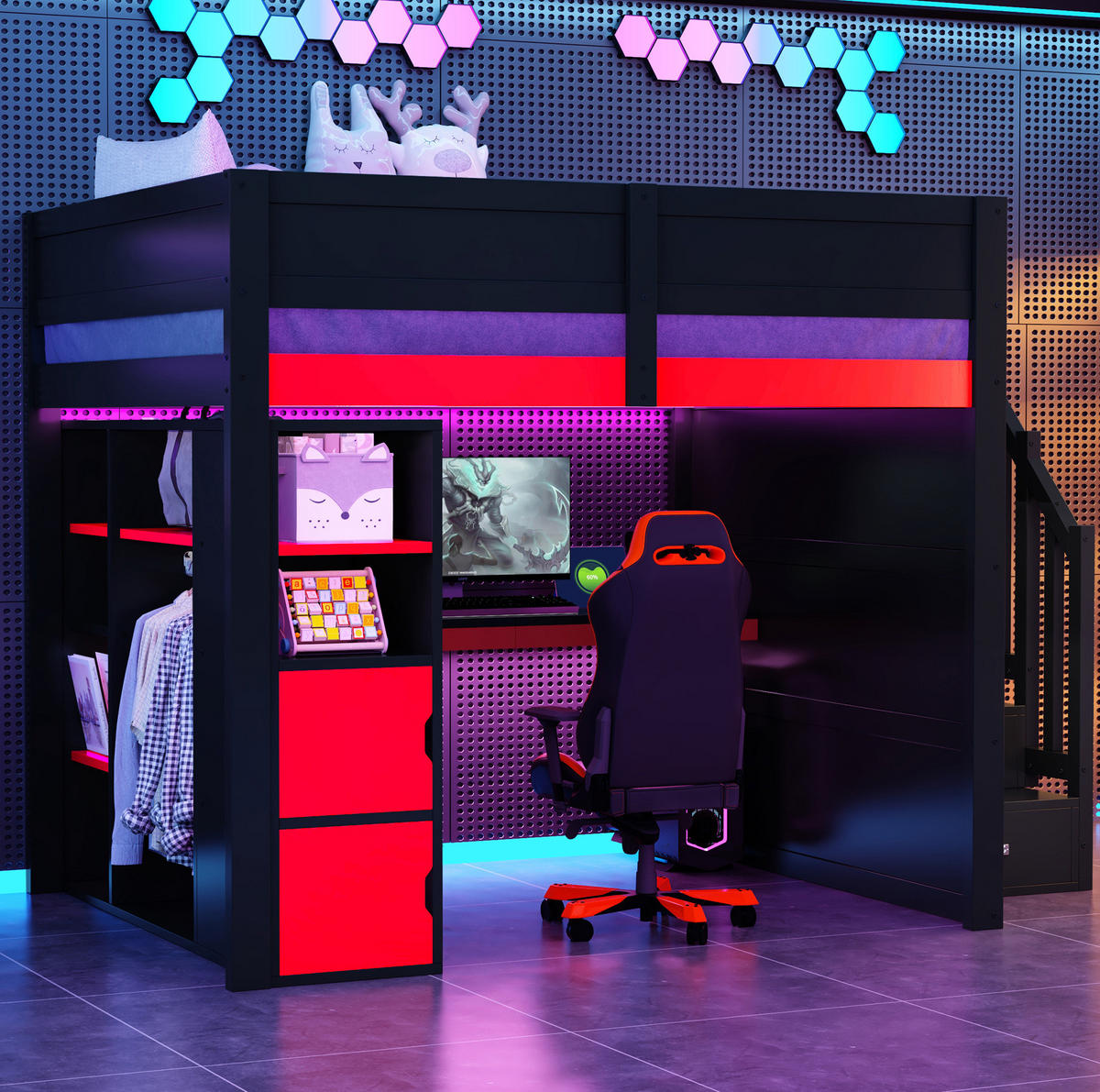 HOCHBETT mit Schreibtisch 140/200 cm in Schwarz/Rot – mit Stauraum und LED - Schwarz, Holzwerkstoff (140/200cm) - BEAOK