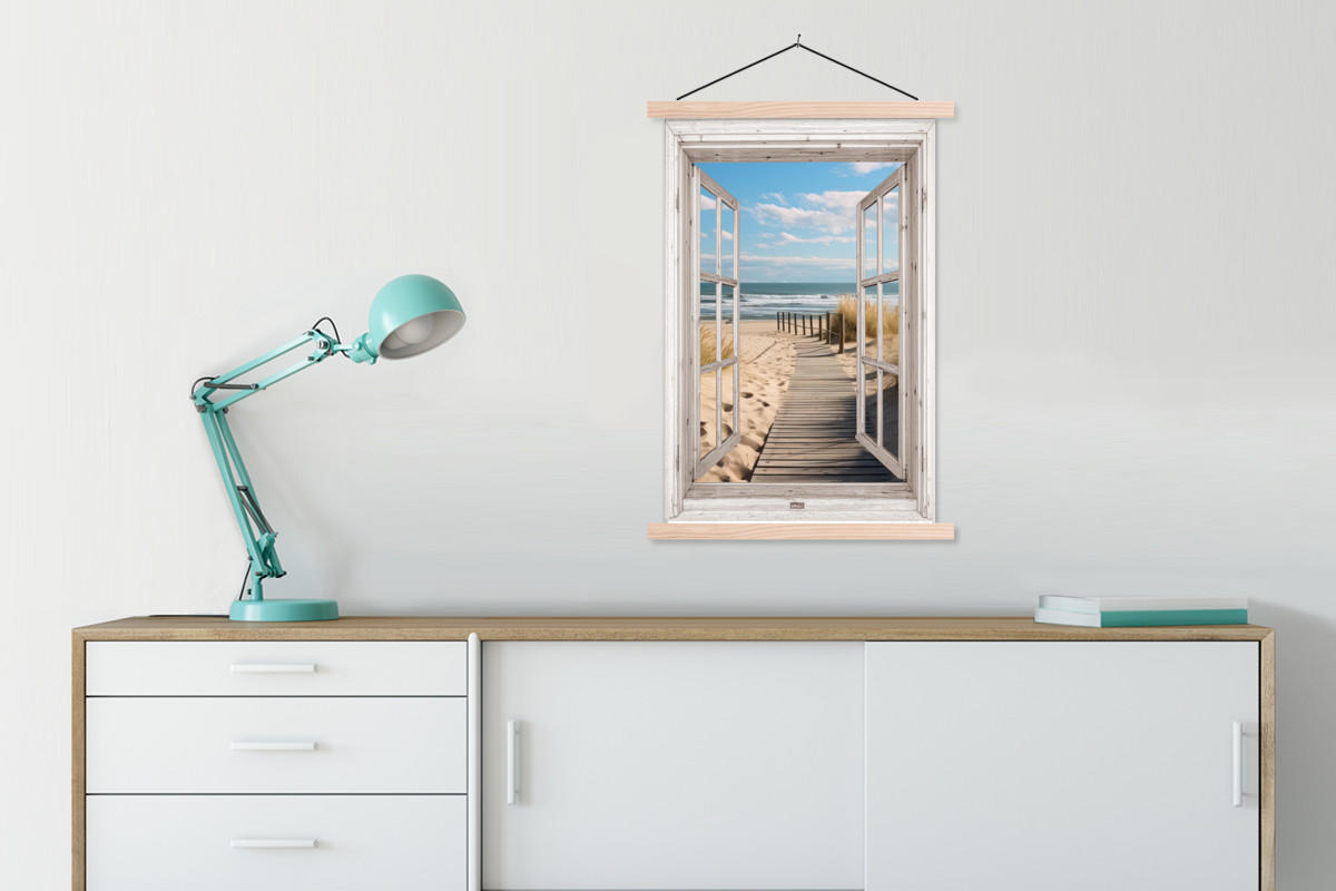 POSTER Fenster - Meer - Küste - Natur - Fensterblick - Strand - Wattenmeer 60x90 cm - Beige, Textil (60/90/0.15cm) - MuchoWow