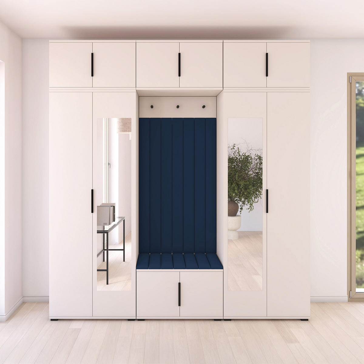 GARDEROBE Napoli version 12 mit Spiegel, mit POLSTERPANEELEN BLAU - Blau/Beige, Holzwerkstoff (210/225/40cm) - Jerpax