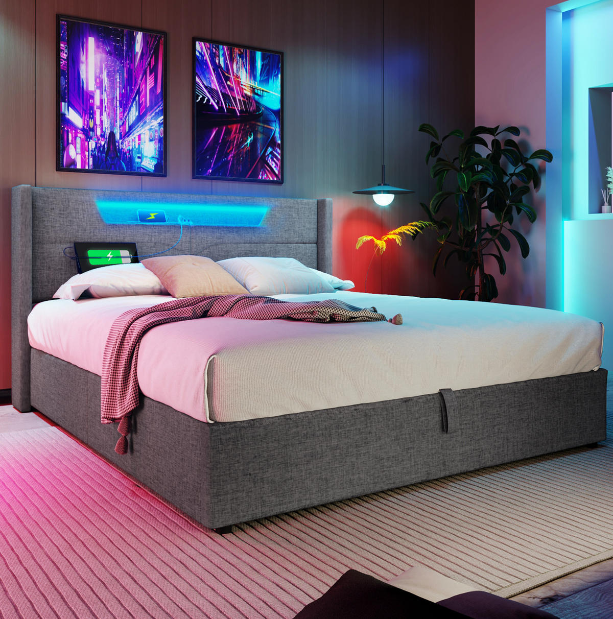 POLSTERBETT mit LED, USB und Stauraum 160x200 cm Leinen Grau inkl. Matratze - Grau, Metall (160/200cm) - Meubliv
