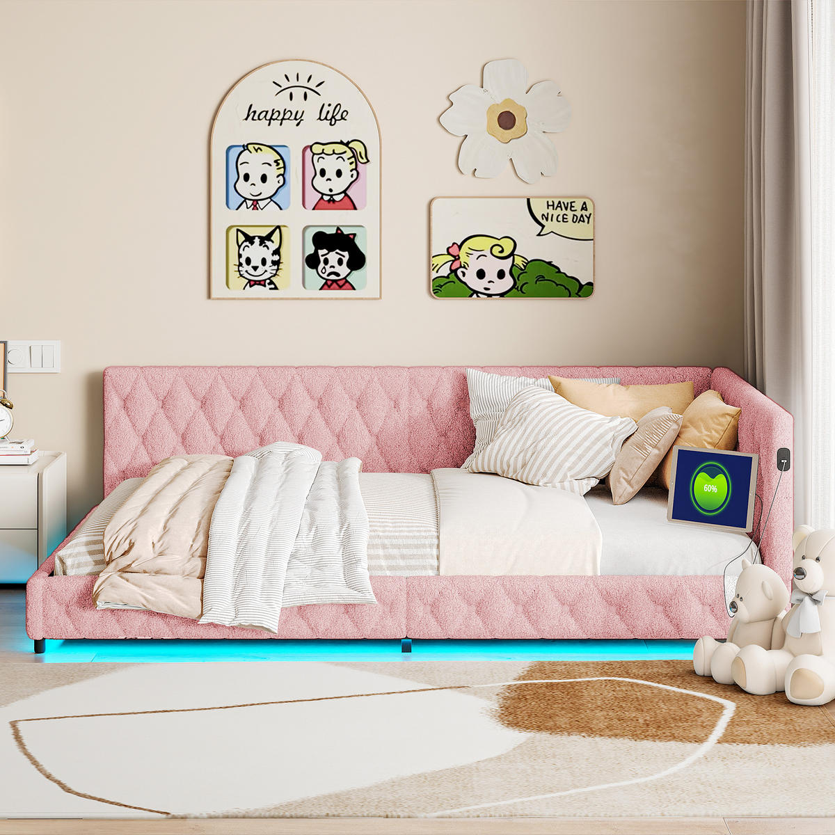 TAGESBETT Polsterbett 140x200 cm, Rosa, LED-Beleuchtung und USB-Anschluss - Rosa, Textil/Metall (140/200cm)