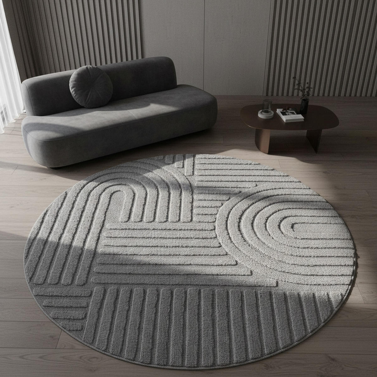 TEPPICH Esszimmer 3D Skandinavischer Boho Elegant Waschbar Wohnzimmer Rund Silber 200x200 cm – RIGI - Silberfarben, Textil (200/200cm) - KADIMA DESIGN