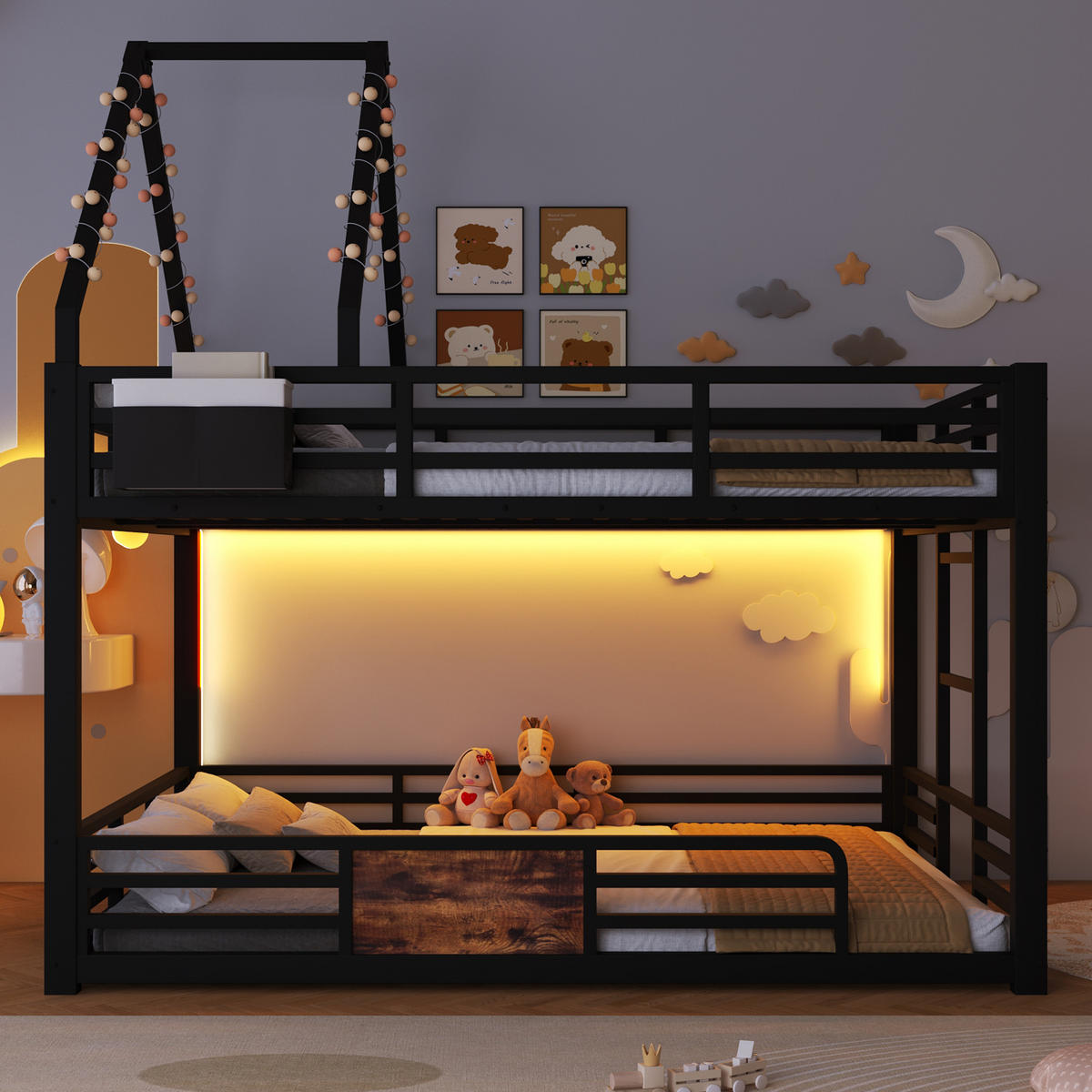 ETAGENBETT 140x200 cm mit LED-Beleuchtung, Hausbett-Design- Schwarz - Schwarz, Metall (140/200cm) - KOMHTOM