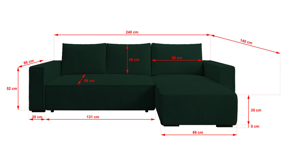 ECKSOFA CUDDY L, Eckcouch in L-Form mit Schlaffunktion und Bettkasten, Farbe: Grün, Cordstoff, Ottomane Rechts - Grün, Textil (240/140cm) - Storez24