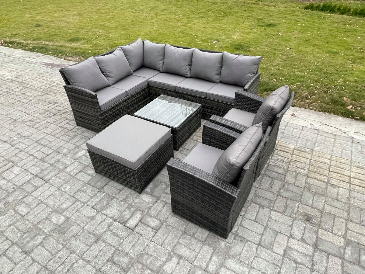 SITZGRUPPE mit Ecksofa,Quadratischer Couchtisch,Hocker,2 Stühle Polyrattan 9-Sitzer - Dunkelgrau/Grau, Glas/Kunststoff - Fimous