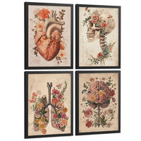 POSTER Set aus 4 Vintage Anatomie Drucke und Wandbilder mit Blumen Herz Lungen Schädel und Gehirn Wanddekoration Größe Schwarzer Rahmen A3 - Schwarz, Papier (29.7/42/3cm) - Nacnic