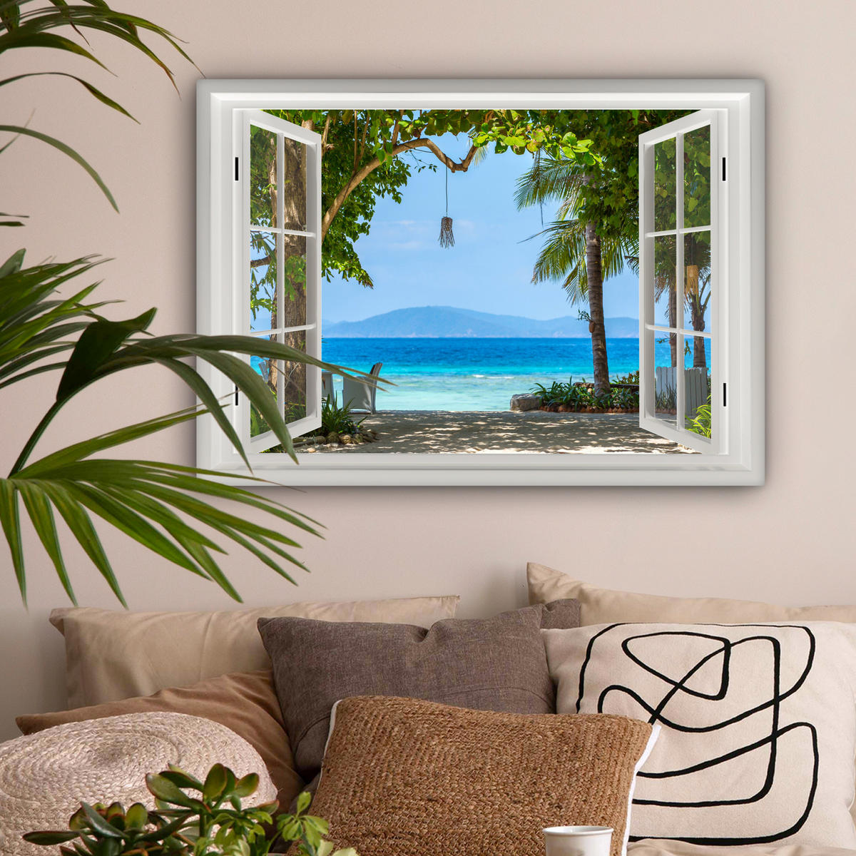 LEINWANDBILD Aussicht - Baum - Meer - Palme - Hügel - Strand - Blau Wandbilder 80x60 cm - Blau, Textil (80/60cm) - MuchoWow