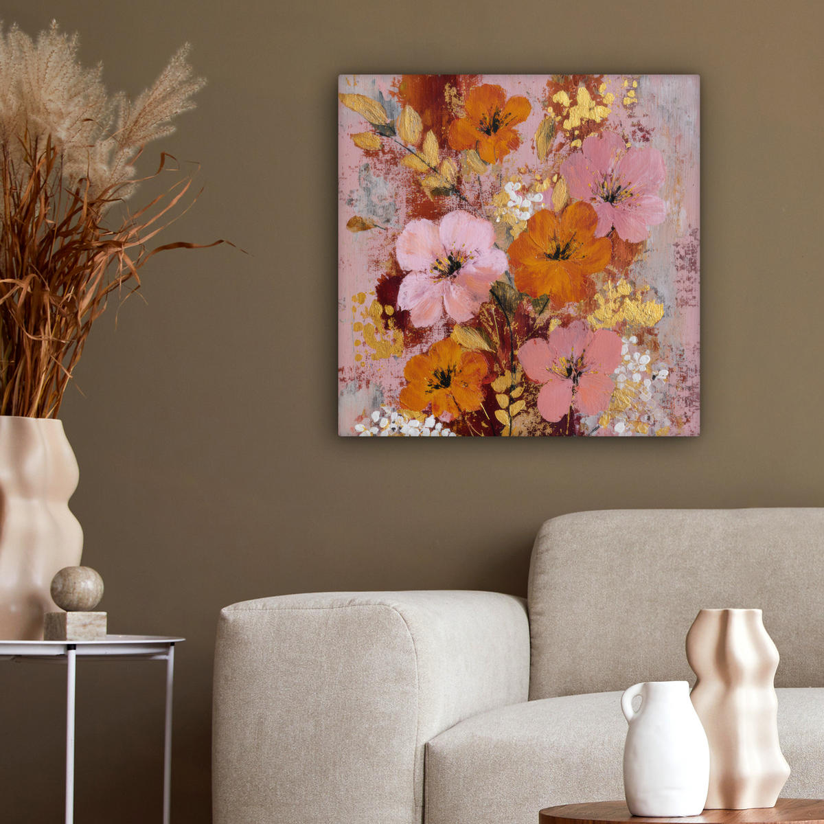 LEINWANDBILD Malerei - Blumen - Rustikal - Rosa Wandbild Wohnzimmer 50x50 cm - Altrosa, Textil (50/50cm) - MuchoWow