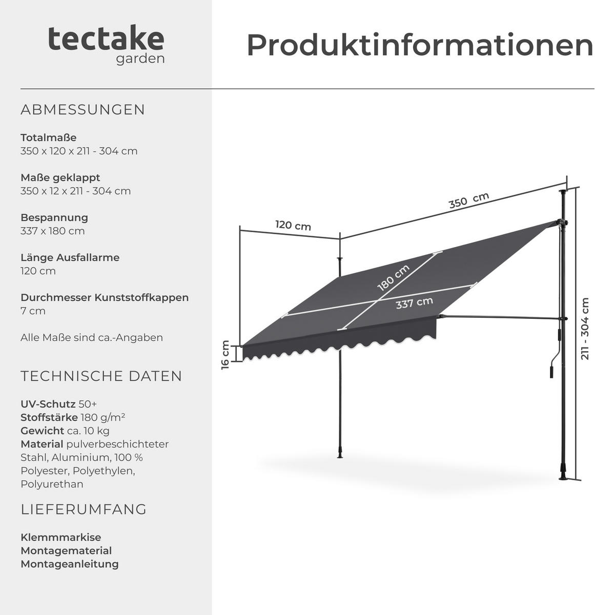 KLEMMMARKISE ,einfache Montage,schwarz/grau - Schwarz/Grau, Kunststoff (350/304/180cm) - tectake