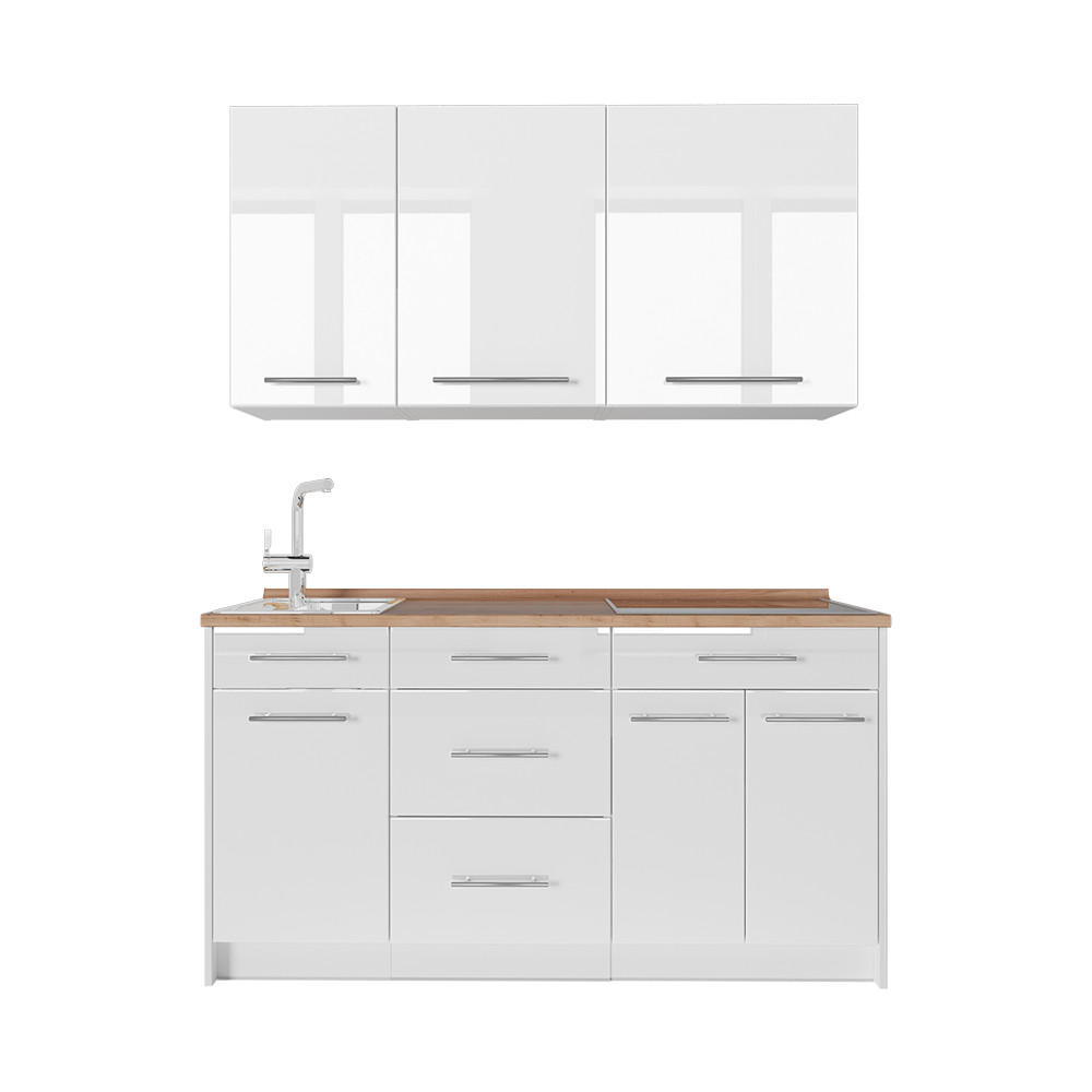 SINGLEKÜCHE Fame-Line, Weiß Hochglanz/Weiß, 150 cm, AP Eiche - Weiß Hochglanz/Weiß, Holzwerkstoff (150/82/60cm) - Vicco
