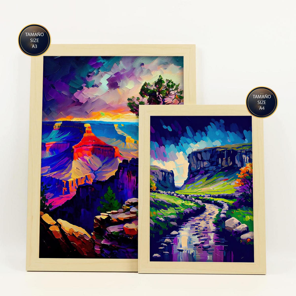 POSTER Set Mit 6 Blau Im Ölgemälde Stil A3 & A4 Rahmen Aus Hellem Holz - Beige, Papier (29/3cm) - Nacnic