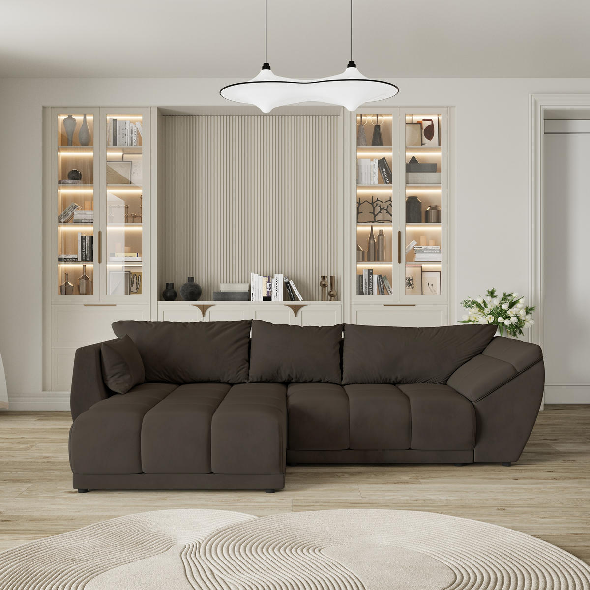 ECKSOFA ORENTI L-S Braun Velours-Stoff mit Schlaffunktion - Braun, Holz (287/182cm) - MASSENO