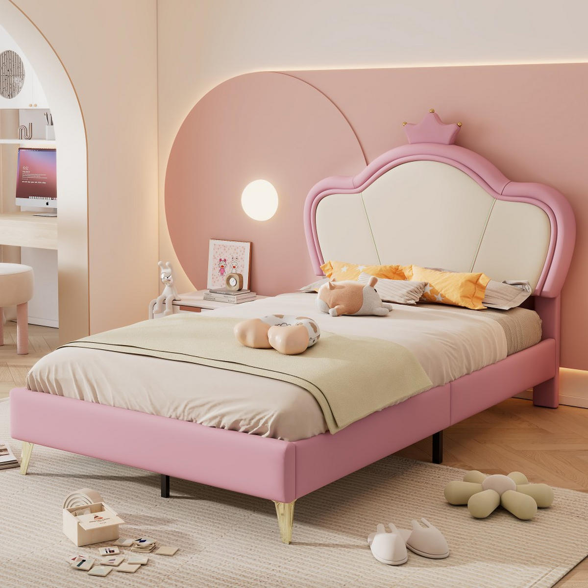 KINDERBETT 90x200cm in Rosa PU, Kopfteil mit Krone - Pink, Holz (90/200cm) - KOMHTOM