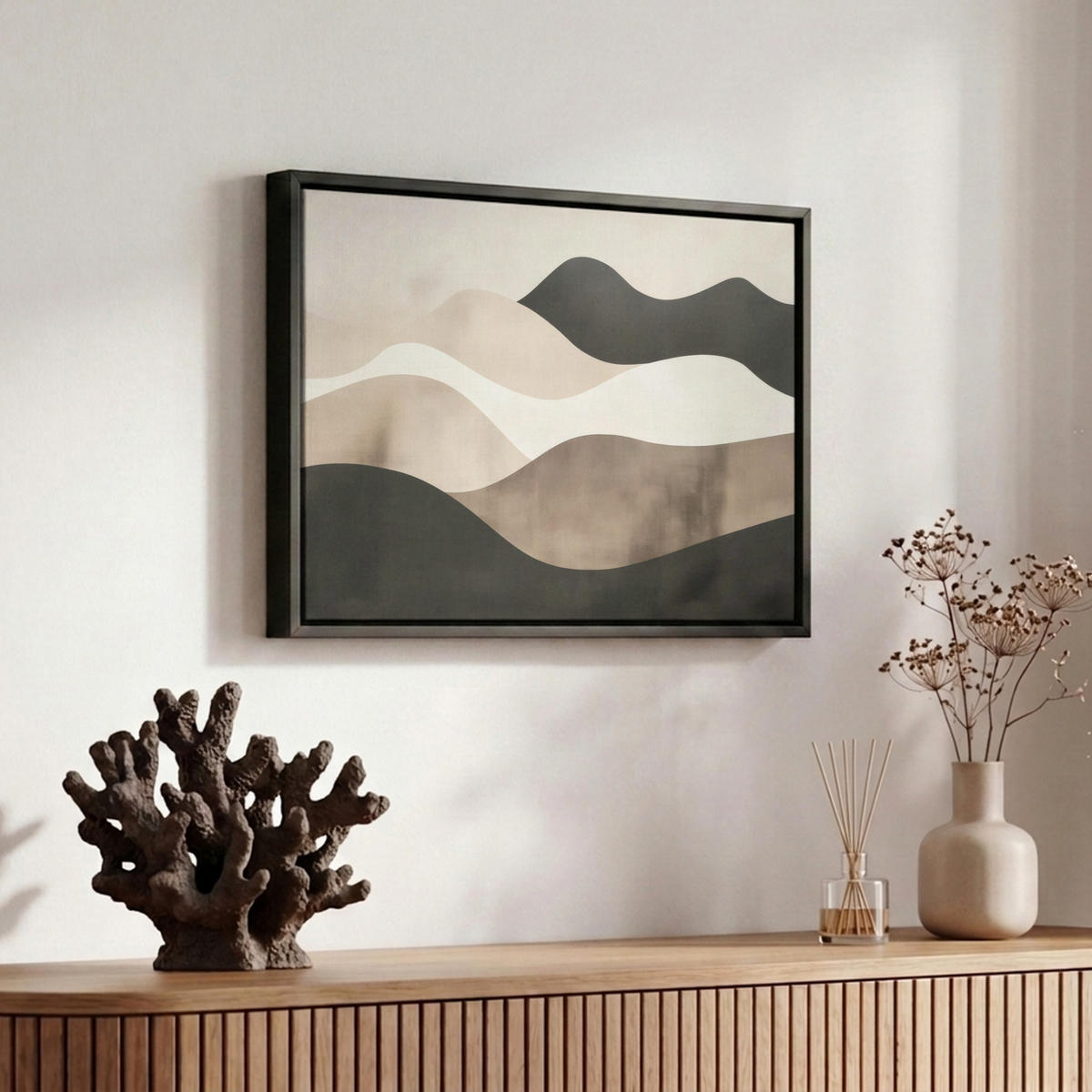 LEINWAND Bilder mit Rahmen - Abstrakt - Landschaft - Wellen - Cremefarben - 30x20 - Cappuccino, Textil (30/20cm) - MuchoWow