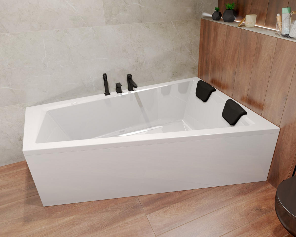 BADEWANNE Eckwanne INTIMA 150/85 Rechts + 1 Kopfstütze Ablauf Füße - Weiß, Kunststoff (85/55.5/150cm) - bad land