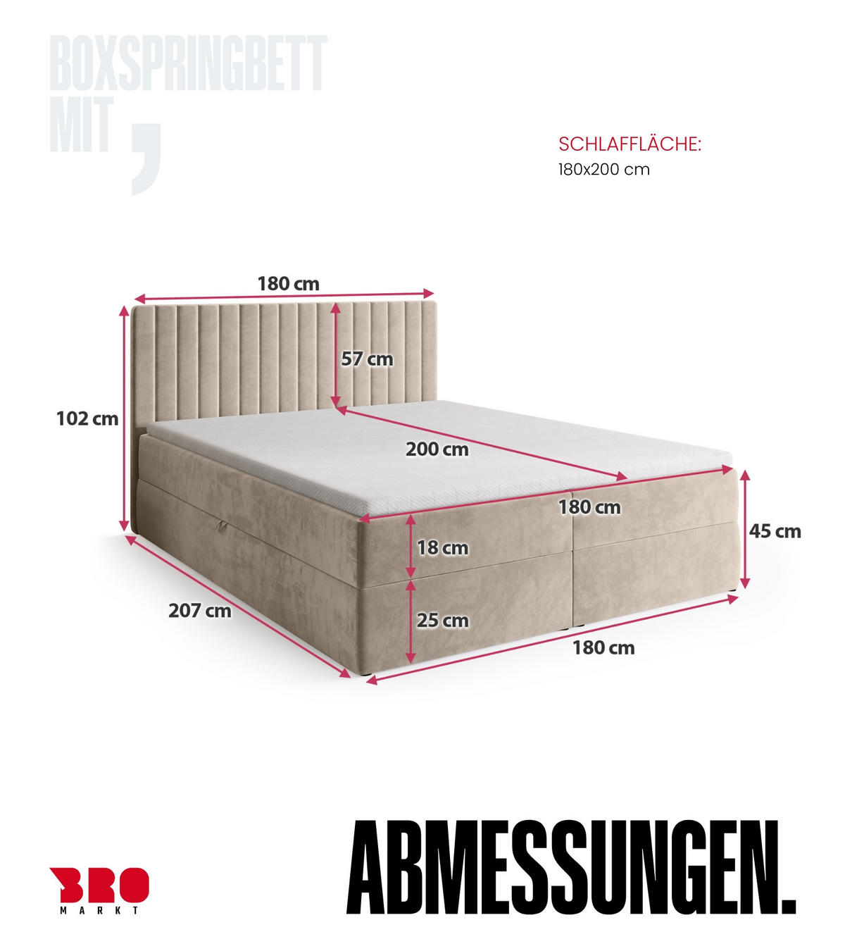 BOXBETT DREAM mit Topper 180x200 Beige - Beige, Textil (180/200cm) - Bromarkt