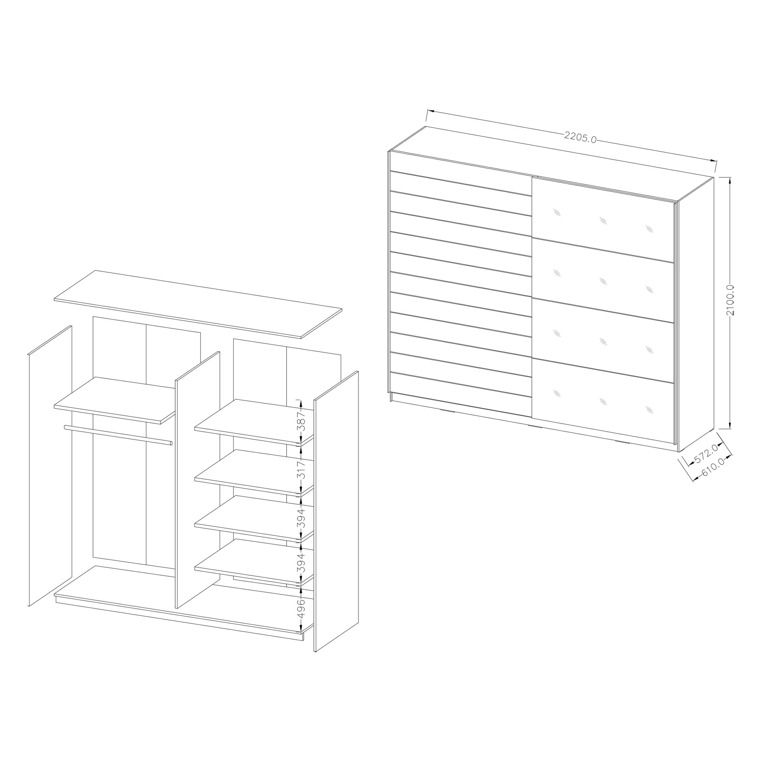 SCHWEBETÜRENSCHRANK BETTINA 221/210/61 cm 2-türig mit Spiegel Multicolor - Multicolor, Holzwerkstoff (221/210/61cm) - MASSENO