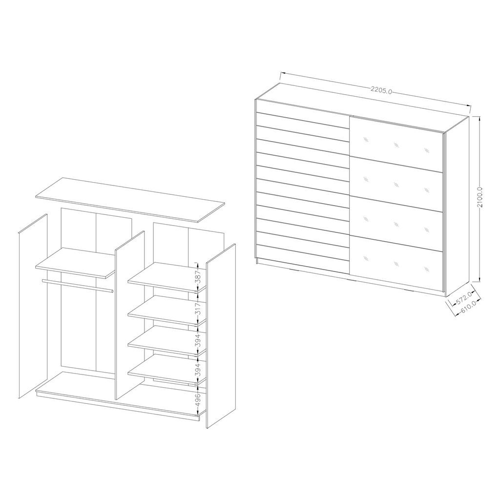 Thumbnail - Masseno Schwebetürenschrank, Mehrfarbig, Holzwerkstoff, 5 Fächer, Rechteckig, 221x210x61 cm, Schlafzimmer, Kleiderschrän...