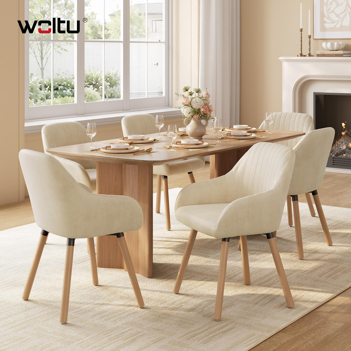 ESSZIMMERSTUHL 6er-Set, Samt, Massivholz, Creme - Creme/Naturfarben, Holz/Textil (52/81.5/51.5cm) - Woltu
