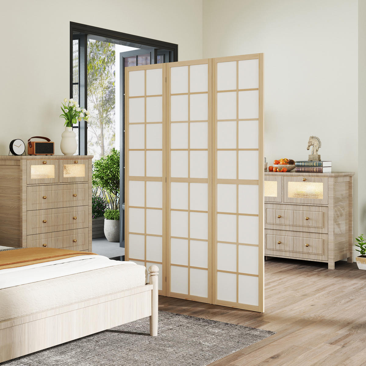 PARAVENT Kiefernholz, Vliesstoff Naturholz - Weiß/Naturfarben, Holz/Textil (1.7/170/120cm) - HOMCOM
