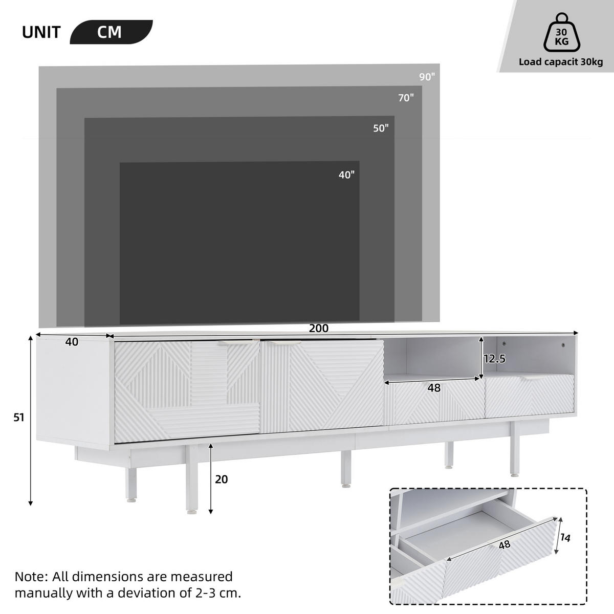 TV-SCHRANK 200/40/51 cm weiß Spanplatte mit geometrischem Linienstil für bis zu 90 Zoll Fernseher - Weiß, Holzwerkstoff (200/51/41cm) - OKWISH