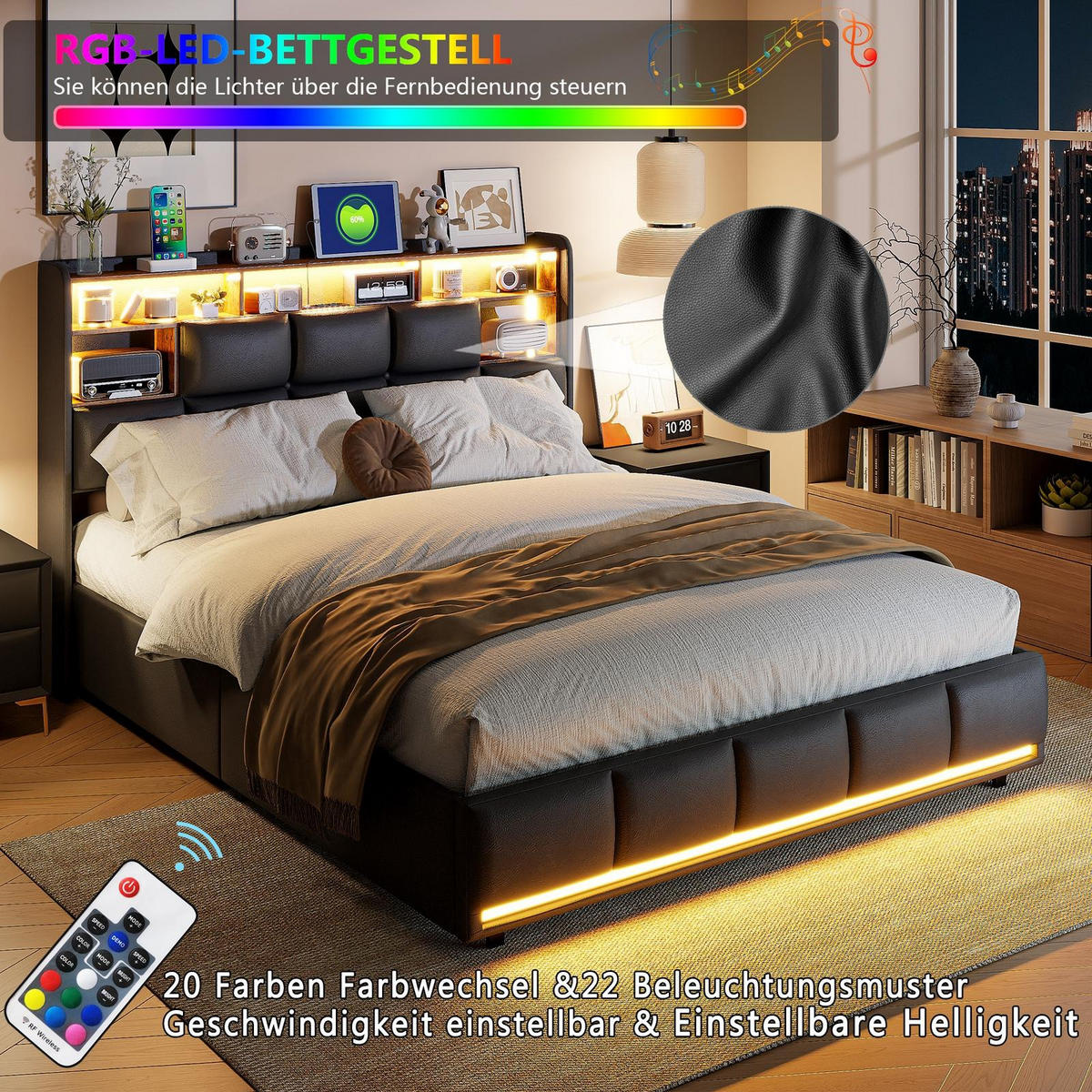 POLSTERBETT 140x190cm Polsterbett mit LED-Beleuchtung und Stauraum – Schwarz PU - Schwarz, Textil (140/190cm) - DELFA