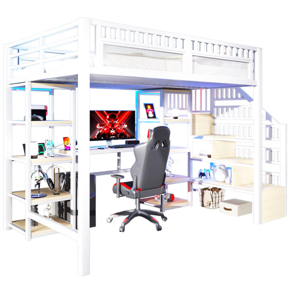 OKWISH VYSOKÁ postel 140/200 cm bílá s psacím stolem LED osvětlením a USB z kovu a MDF