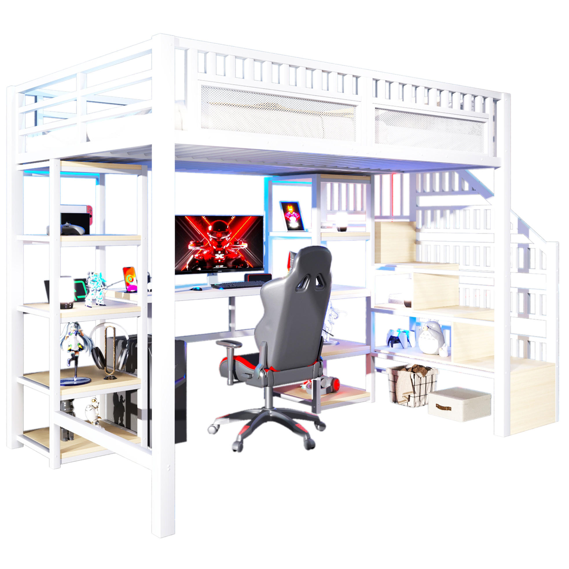 VYSOKÁ postel 140/200 cm bílá s psacím stolem LED osvětlením a USB z kovu a MDF - bílá, kov (140/200cm) - OKWISH