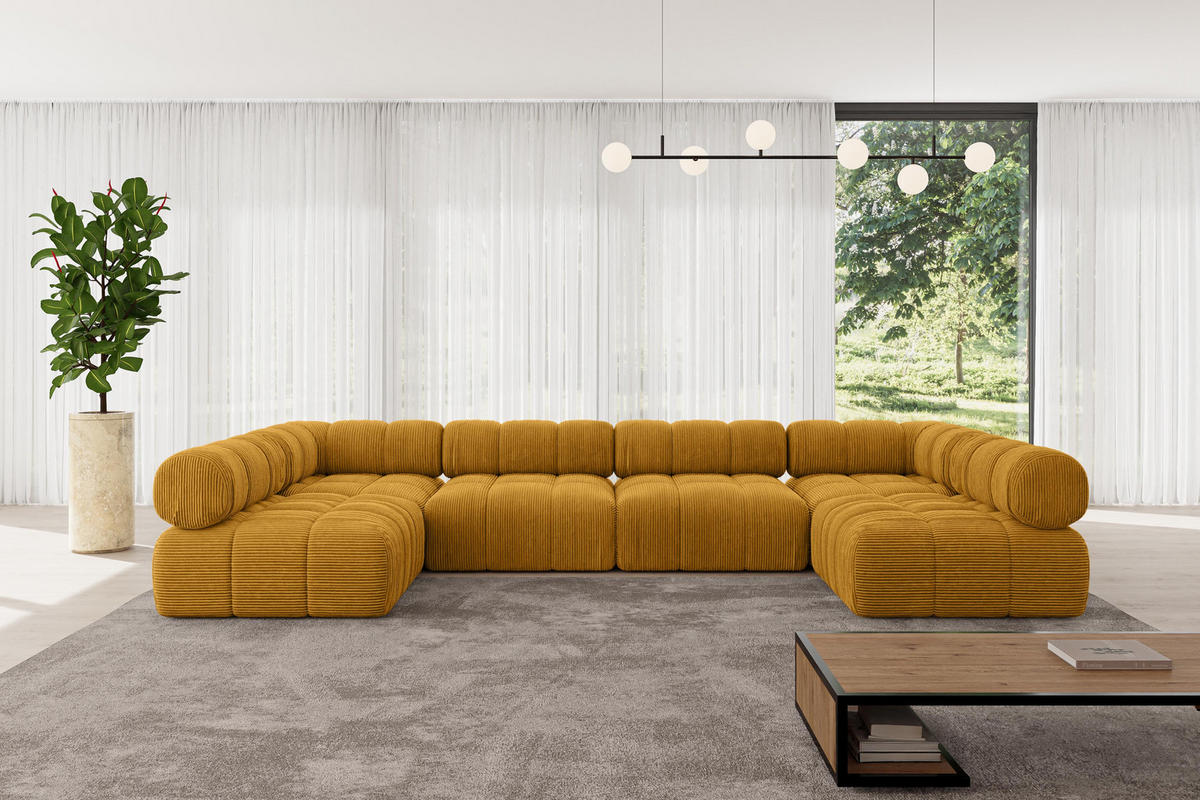 WOHNLANDSCHAFT modulares Sofa Garvo-U2 - 380x190x70 cm Senfgelb Cord - Currygelb, Holzwerkstoff/Textil (380/70/190cm) - ALTDECOR