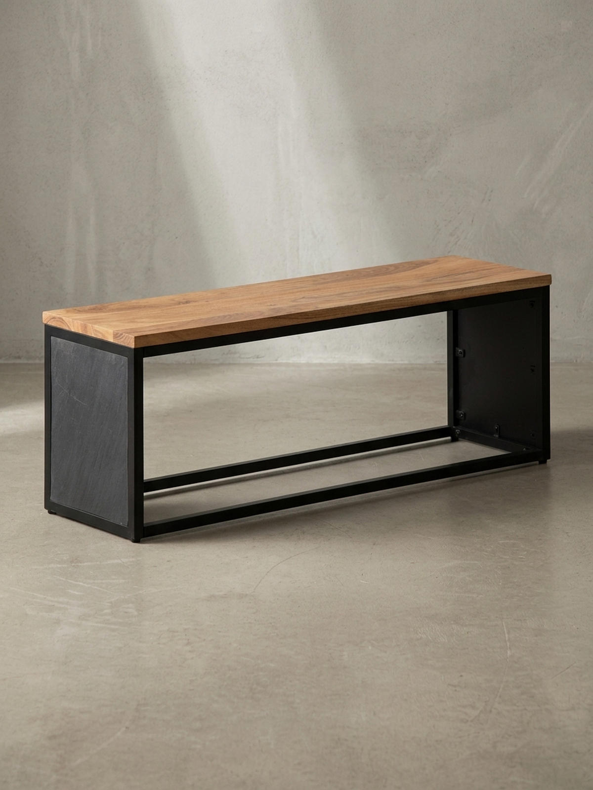 SITZBANK – Akazie Massivholz/Steinoptik, 120x45x35 cm, Metallgestell - Schwarz/Braun, Holz/Metall (120/45/35cm) - KADIMA DESIGN