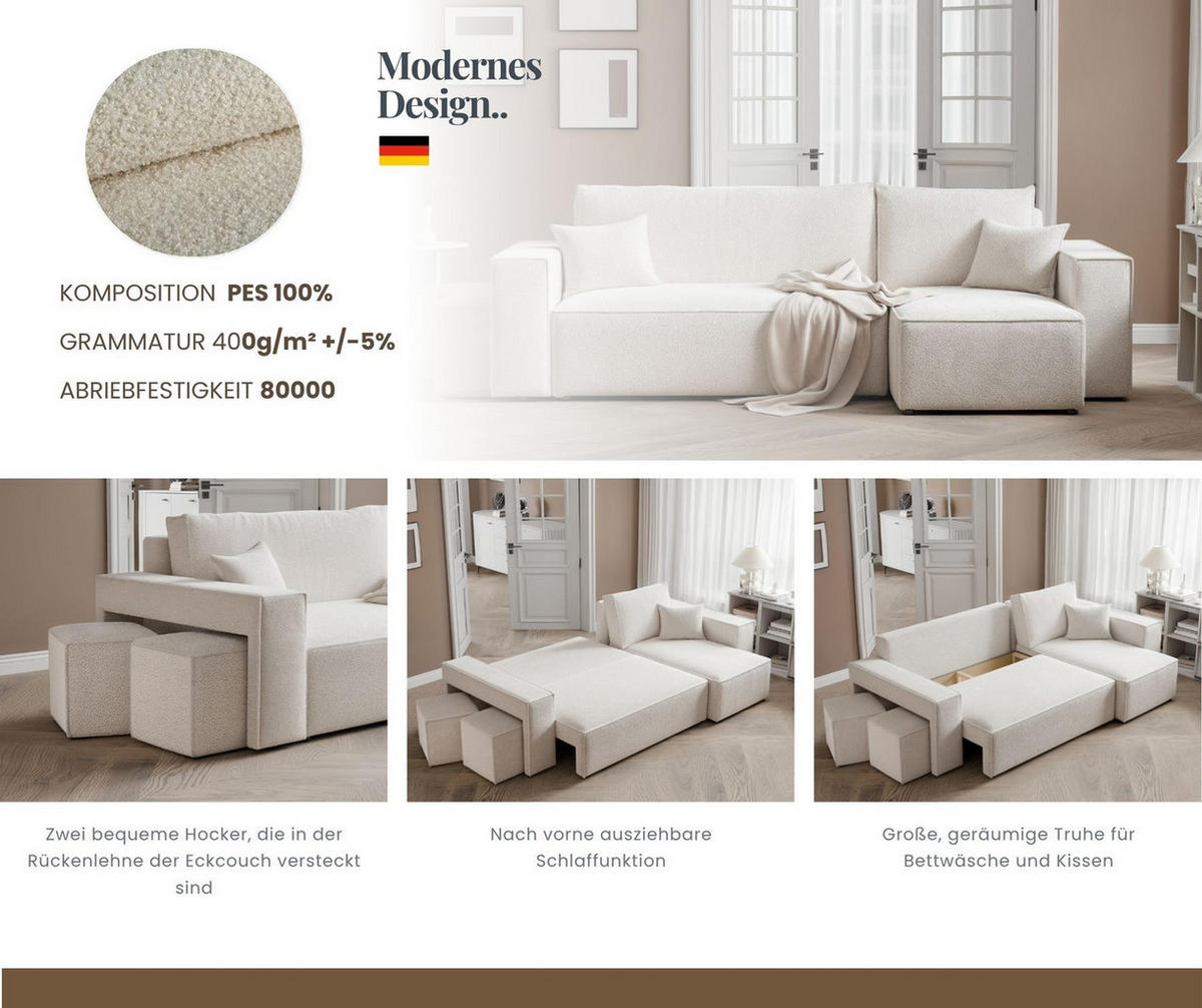 ECKSOFA PARIS mit Schlaffunktion und Bettkasten Creme - Weiß, Holzwerkstoff/Kunststoff (262/145cm) - Idohome