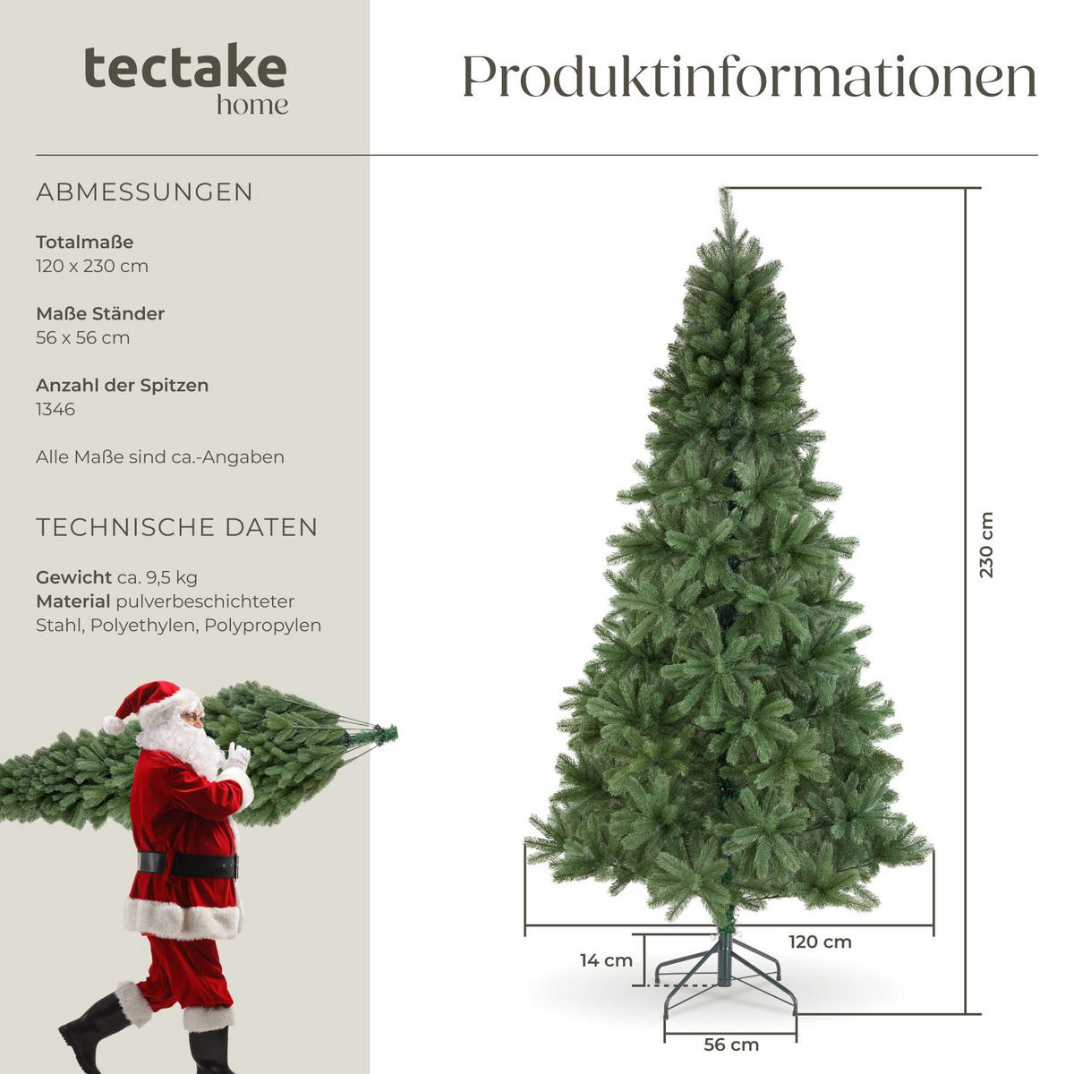 WEIHNACHTSBAUM Dancer, pulverbeschichteter Metallständer mit Kunststoffkappen, grün - Grün, Kunststoff (230cm) - tectake
