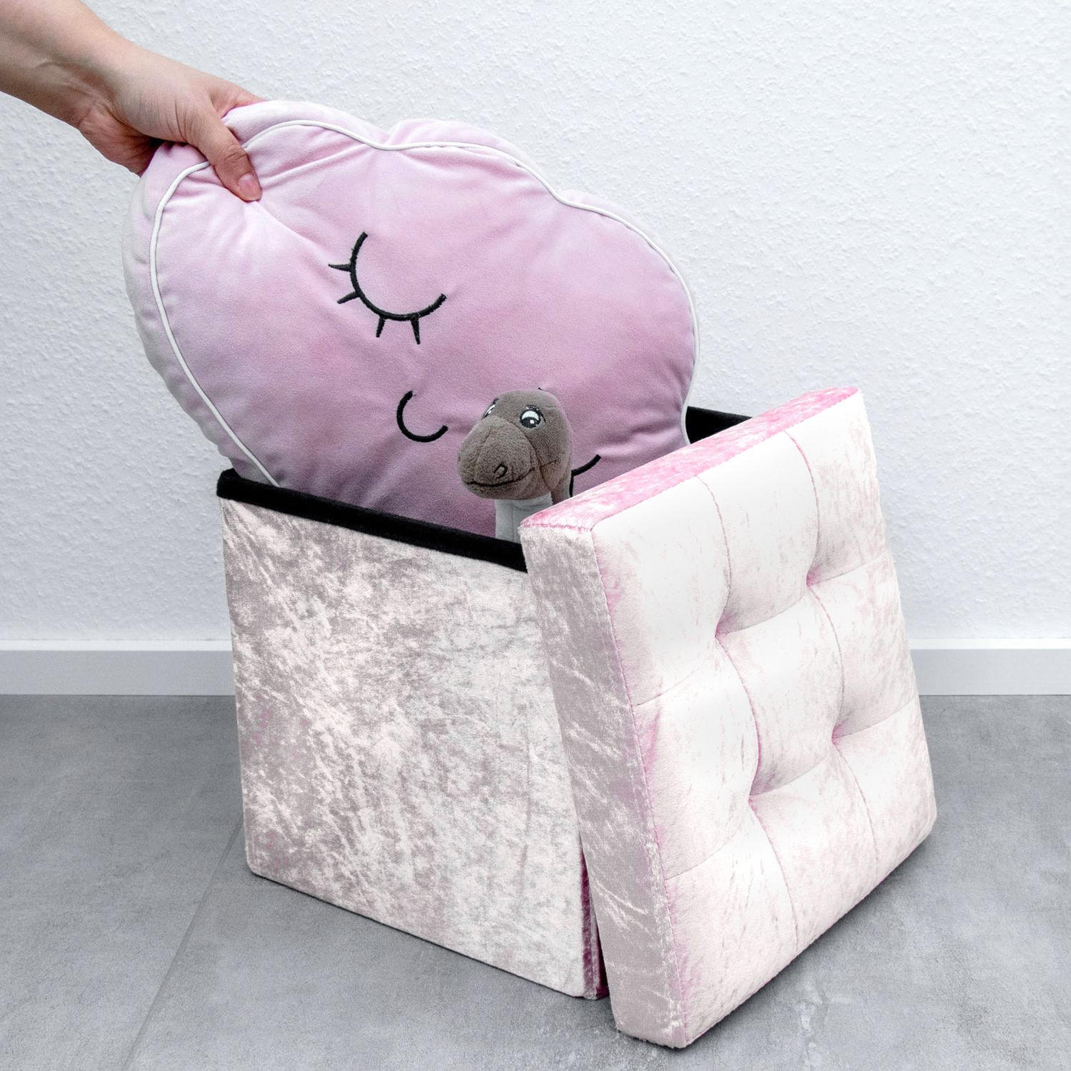 SITZHOCKER Faltbar mit Samtbezug 38/38/38 cm (Rosa) - Rosa, Karton (38/38/38cm) - Intirilife