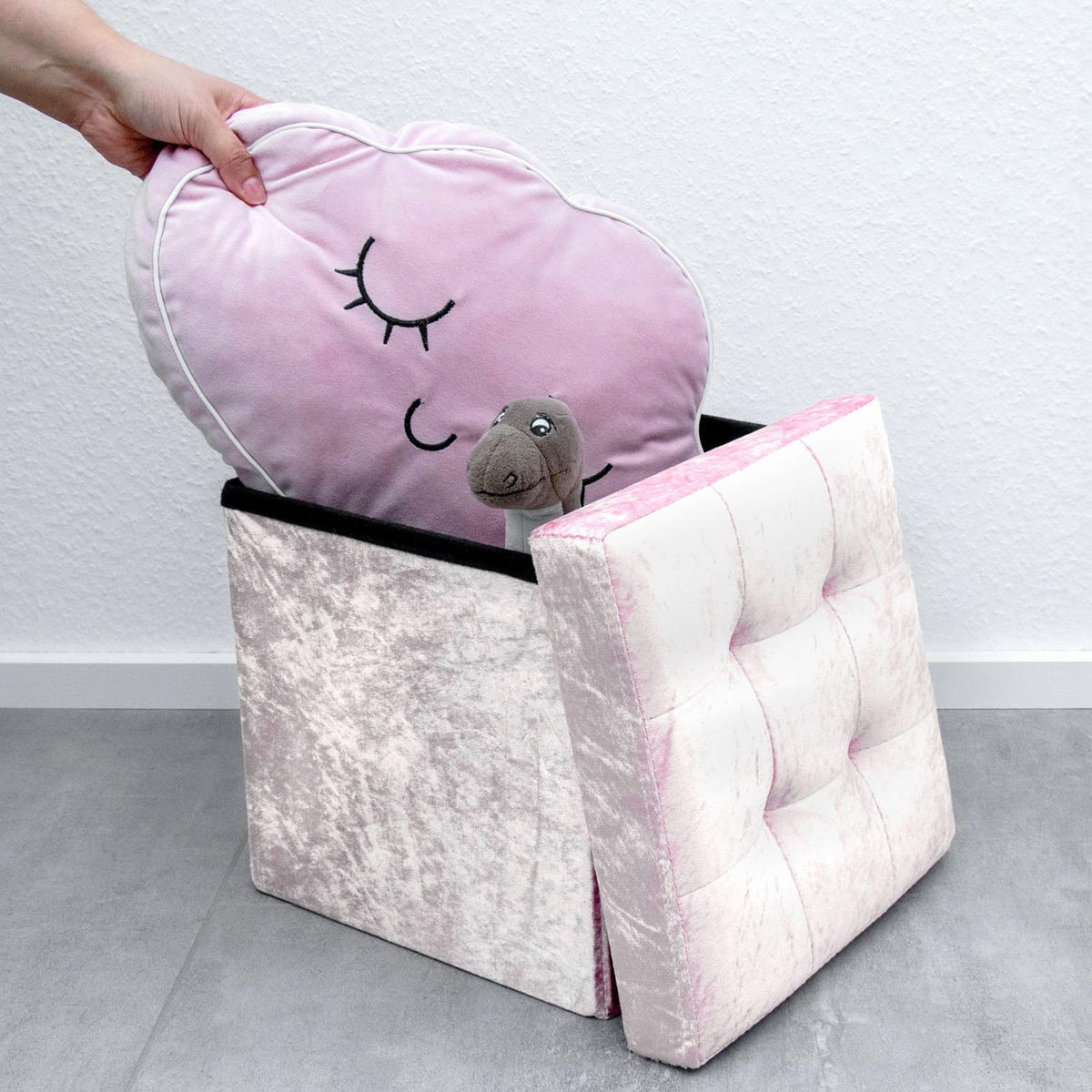 SITZHOCKER Faltbar mit Samtbezug 38/38/38 cm (Rosa) - Rosa, Karton (38/38/38cm) - Intirilife