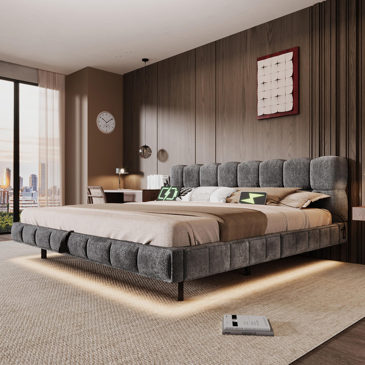 POLSTERBETT 180/200 mit Bettkasten, LED und USB in Grau - Grau, Holzwerkstoff/Textil (180/200cm) - EVRYAE