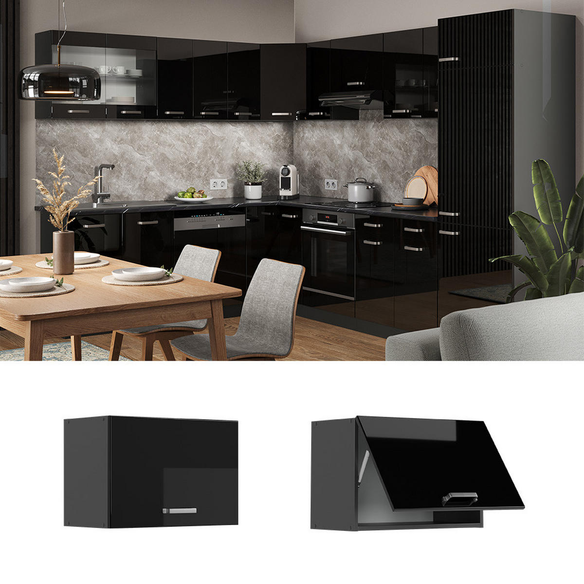 HÄNGESCHRANK R-Line Schwarz Hochglanz 60 cm Flach - Schwarz Hochglanz/Anthrazit, Holzwerkstoff (60/40/31cm) - Vicco