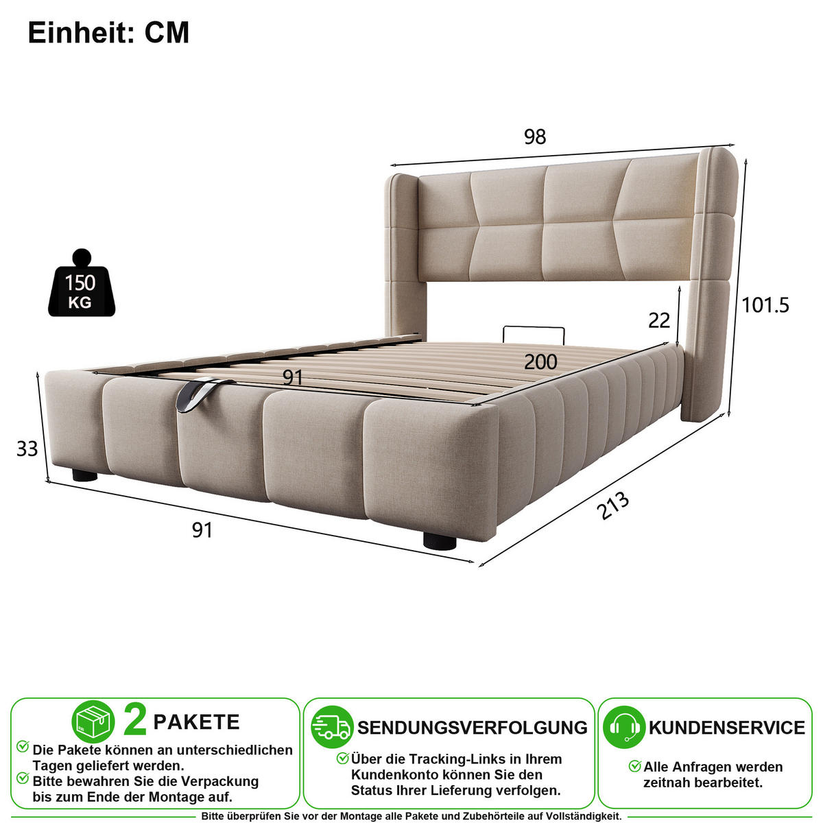 ČALOUNĚNÁ POSTEL 90/200 cm v béžové barvě s úložným prostorem ze lnu - béžová, kov/kompozitní dřevo (90/200cm) - CHICFURN
