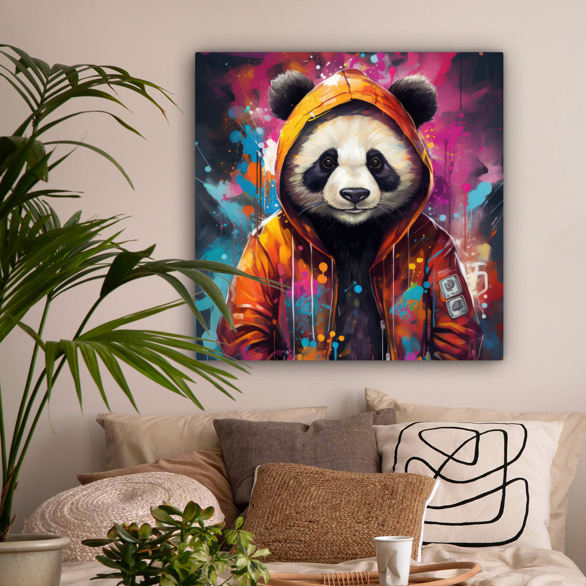LEINWANDBILD Panda - Jacke - Graffiti - Orange 90x90 cm - Orange, Textil (90/90cm) - MuchoWow